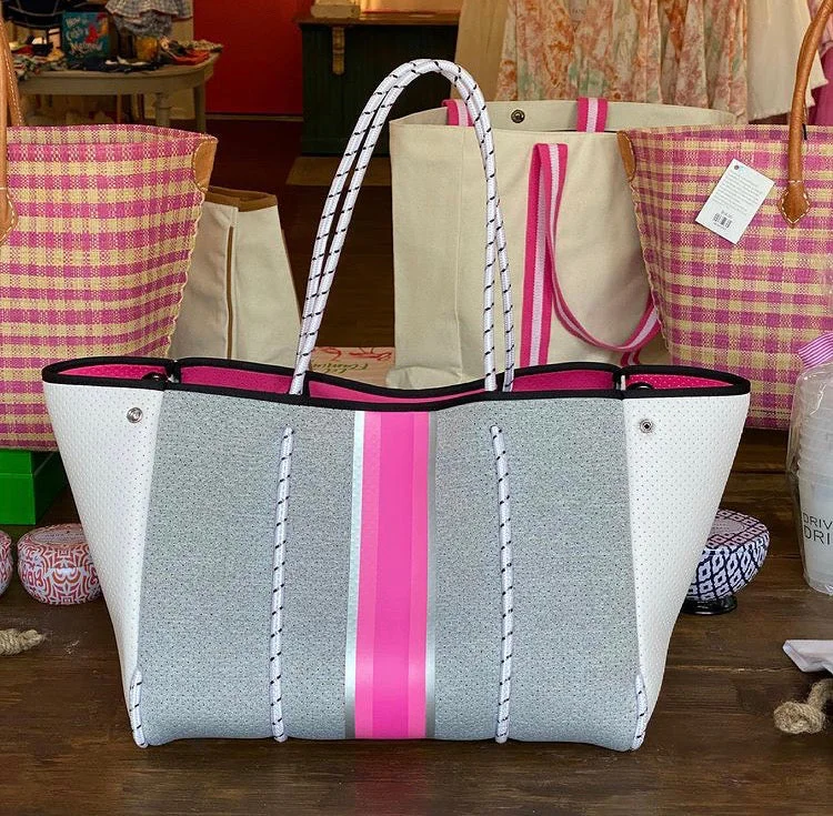 Grey & White with Pink Stripe Neoprene Tote bag