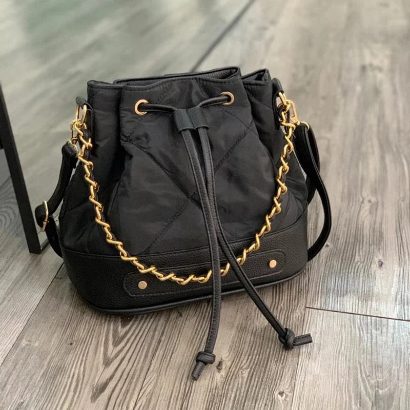 Quilted Nylon Drawstring Bucket Bag Black With Gold Chain Detail