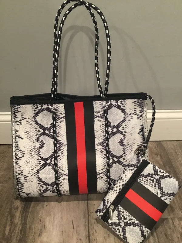 Snake Skin Neoprene Tote with Red & Black Stripe & Silver Side Panels