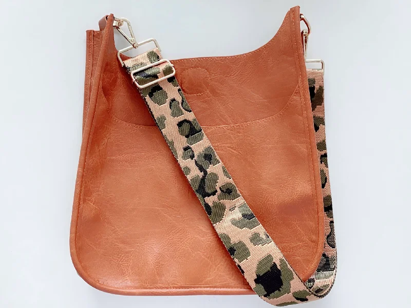 Vegan leather Messenger Bag - Camel W/ Leopard Strap