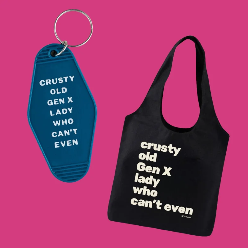 Crusty Old Gen X Lady Who Can't Even Keychain and Tote Bag Bundle | Motel Style Keyholder and Black Canvas Tote