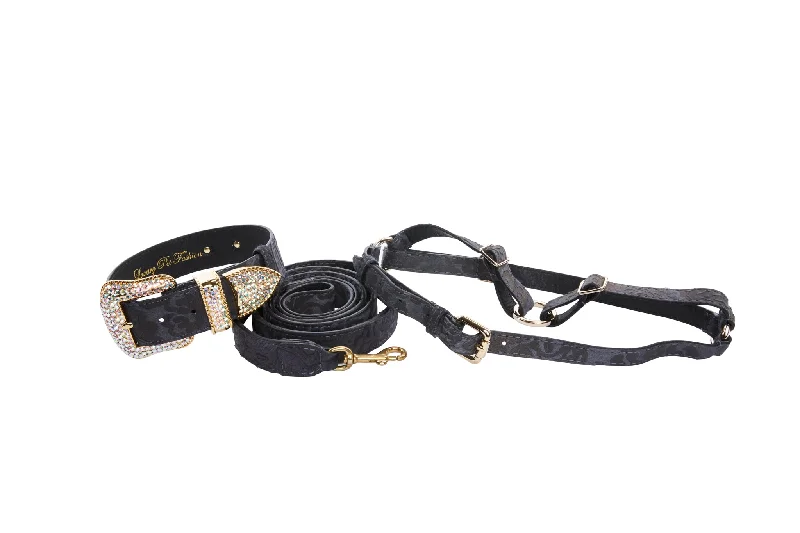 Boutique Styles Blue Grey Italian Leather With Velvety Floral Design With Swarovski Crystal Collar, Leash & Harness Stylish Bags At Unbeatable Prices