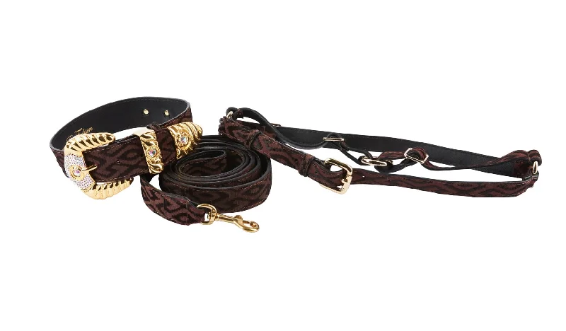Exclusive Sale Elegant Black & Brown Pattern Italian Leather Collar With Ornate Italian Swarovski Crystal Hardware Set Best Bag Sale Of The Season