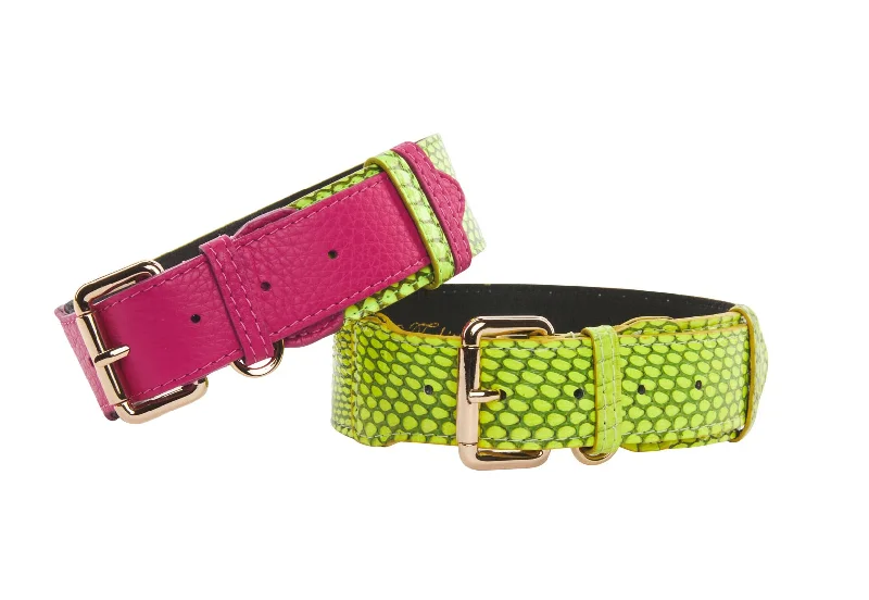 Fashion Forward Fuchsia Pink Italian/Neon Green Snake Classic Collar & Neon Green Snake Classic Collar Set Of 2 Elegant Purses At Clearance Prices