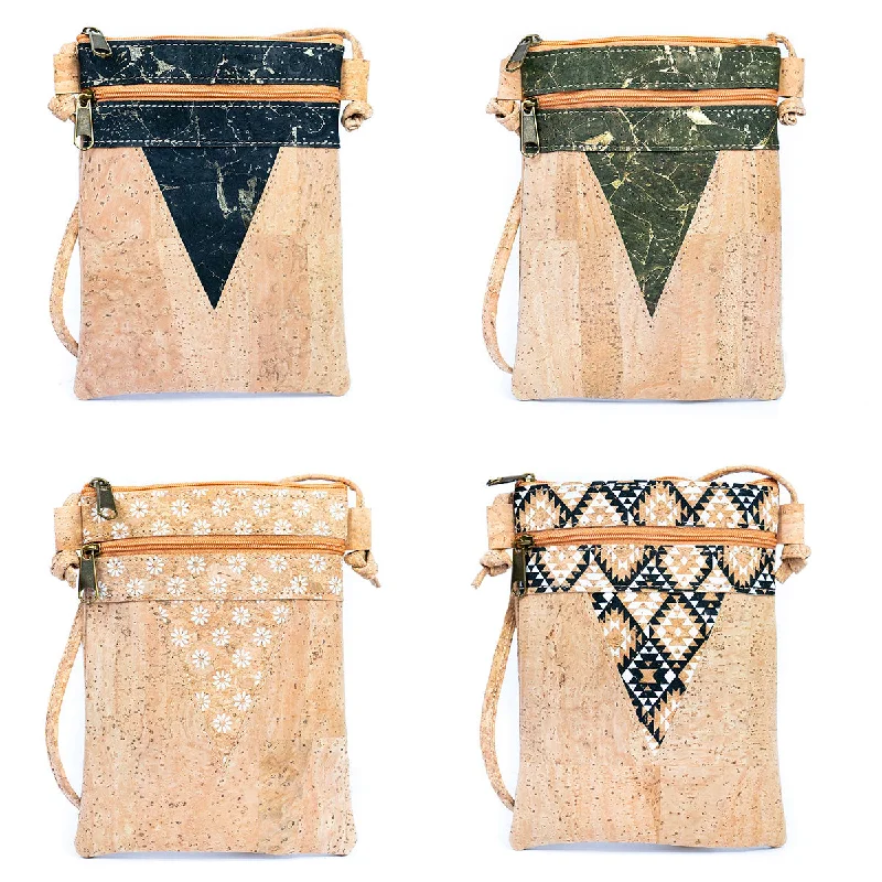 Triangle-Cut Natural Cork Women's Crossbody Bag with 2 Zipper Compartments BAGP-272-MIX-4 (4units)