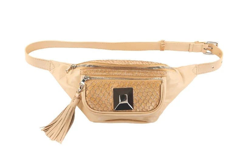 Senior Travelers Pearl Beige Italian Leather/Taupe Tilapia Fanny Pack With Custom Large Silver Rivet Statement Bags, Shop Today