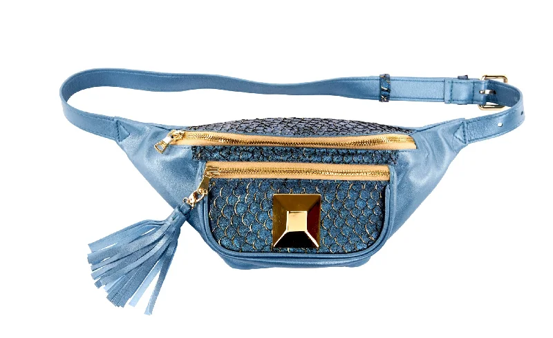 Affordable Bags For Budget Shoppers Pearl Blue Italian Leather/Blue Tilapia Fanny Pack With Custom Large Gold Rivet Shop Stylish Bags At Unbeatable Prices