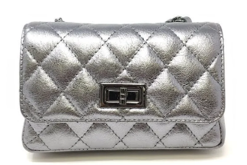 Quilted Chain Leather Crossbody in Pewter Grab Your Favorite Handbags At Discounted Prices