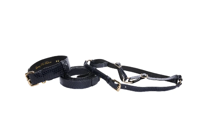 Navy Blue Snake Classic Hardware Collar, Leash, & Harness Set Chic Shoulder Bags At Promotional Rates