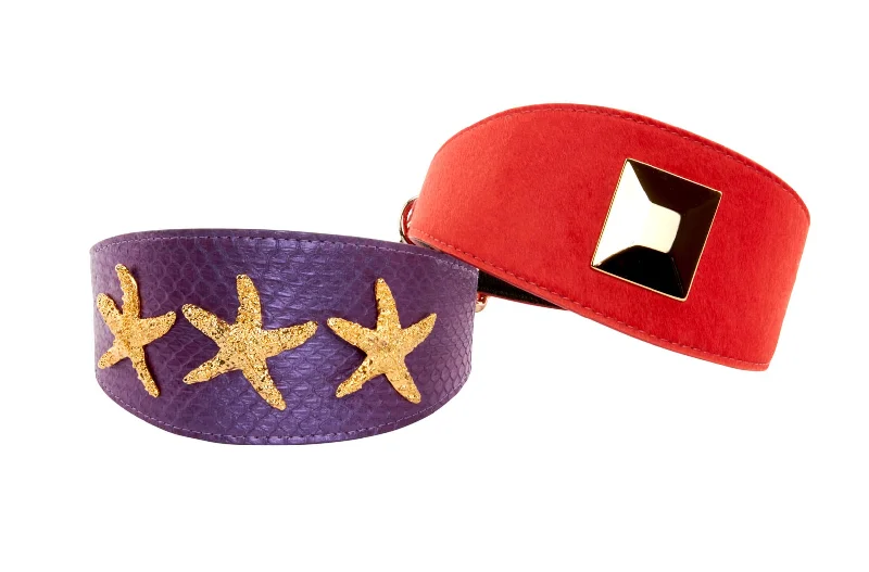 Flash Sales Set Of 2. Purple Snake Starfish Collar & Orange Hair On Hide Italian Leather With Our Custom Gold Rivet 3” Wide Style Collars Everyday Elegance At Lower Prices