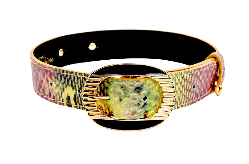 Modish Fashion Discounts Yellow and Red Multi Color Embossed Snake Italian Leather Collar With Gold and Black Art Deco Italian Hardware Fashionable Handbags, Limited-Time Deals