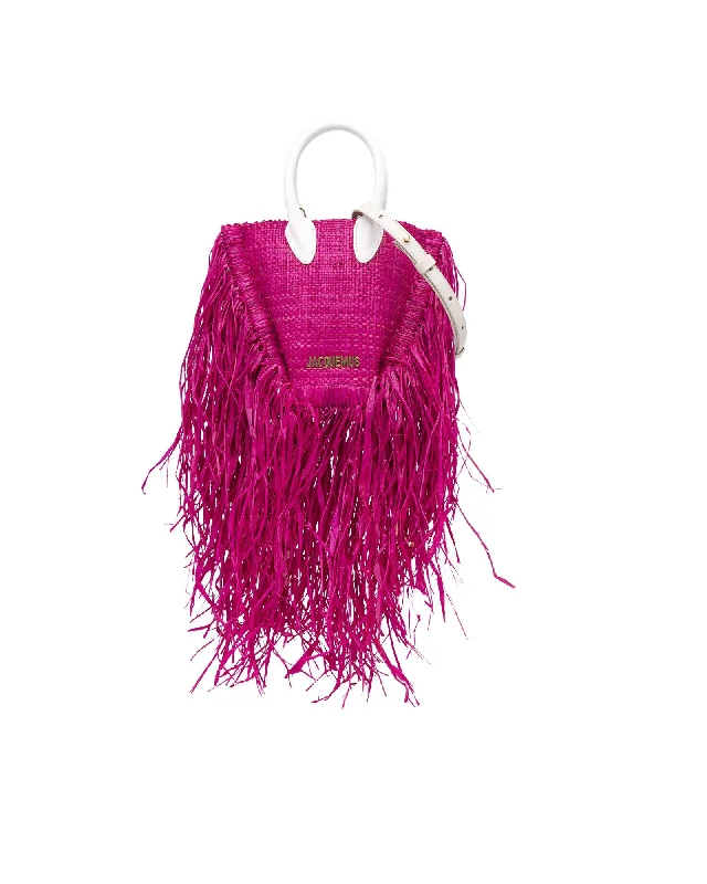 Raffia Satchel with Fringe and Leather Handles