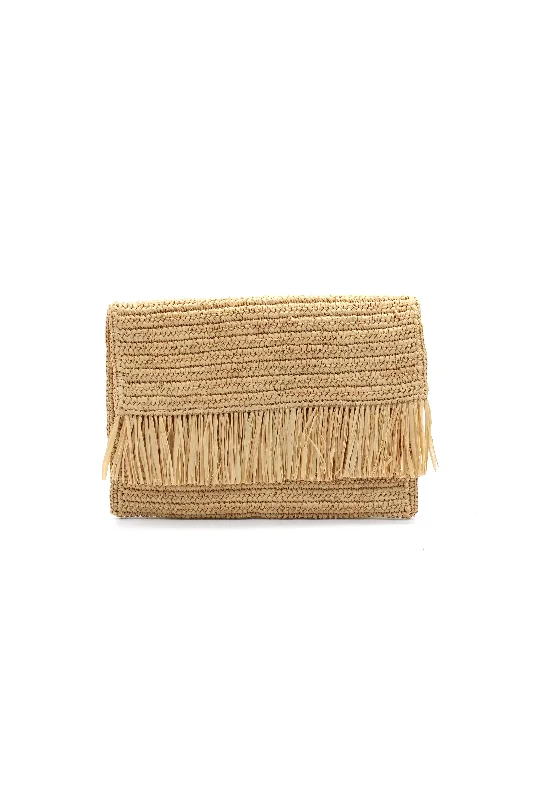 Coco Crochet Straw Clutch with Raw Fringe Trim