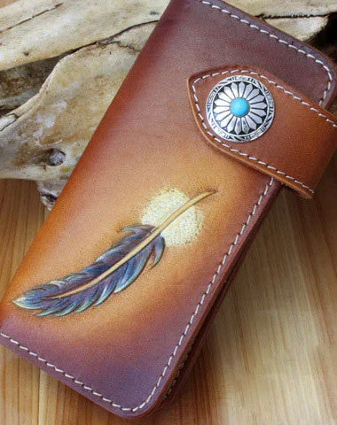 Handmade biker wallet leather vintage feather biker wallet chain Long wallet clutch purse for men