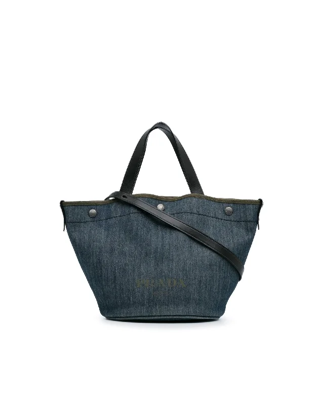 Denim Satchel with Flat Handles and Detachable Shoulder Strap