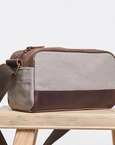 Mens Canvas Leather Gray Cool Messenger Bag Side Bag for Men