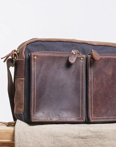 Mens Leather Canvas Gray Cool Messenger Bag Side Bag Shoulder Bag for Men