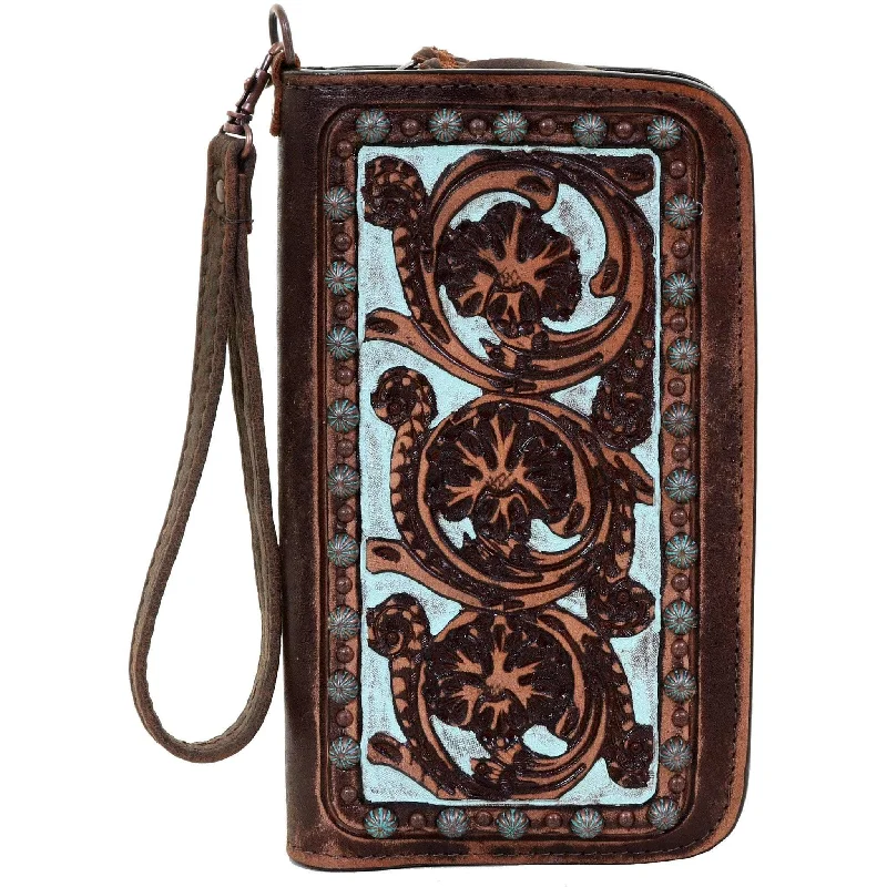 CO101 - Vintage Brown & Turquoise Hand-Tooled Clutch Organizer