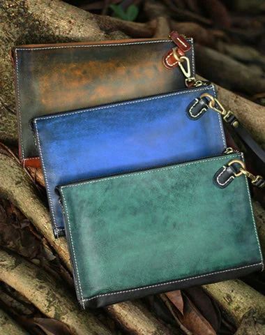 Handmade Leather Clutch Wristlet Bag Wallet Zipper Large Clutch Wristlet Wallet for Men