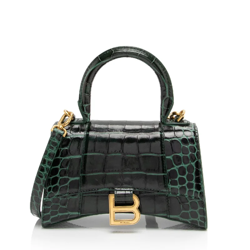 Balenciaga Shiny Croc Embossed Calfskin Hourglass XS Satchel (SHF-7TCss3)