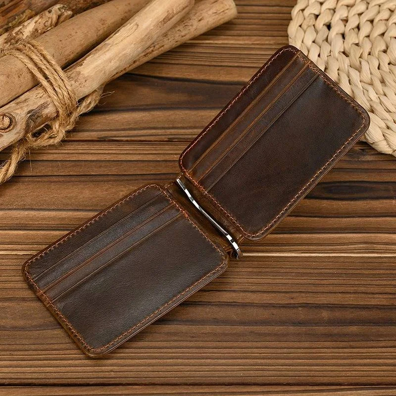 Leather Slim Money Clip Bifold Wallet Card Holder