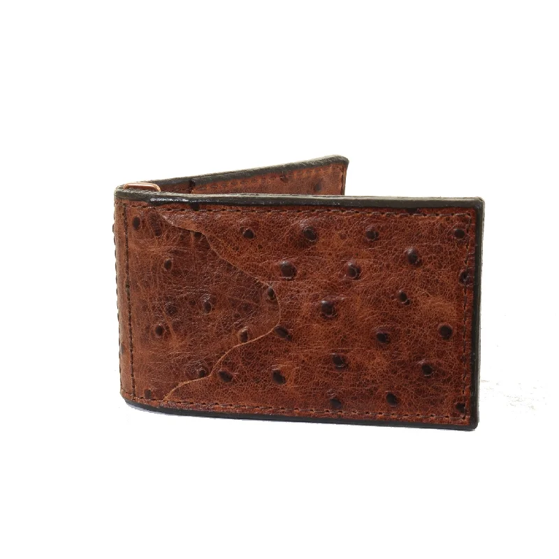 MC173- Vintage Cognac Brown Ostrich Print Money Clip