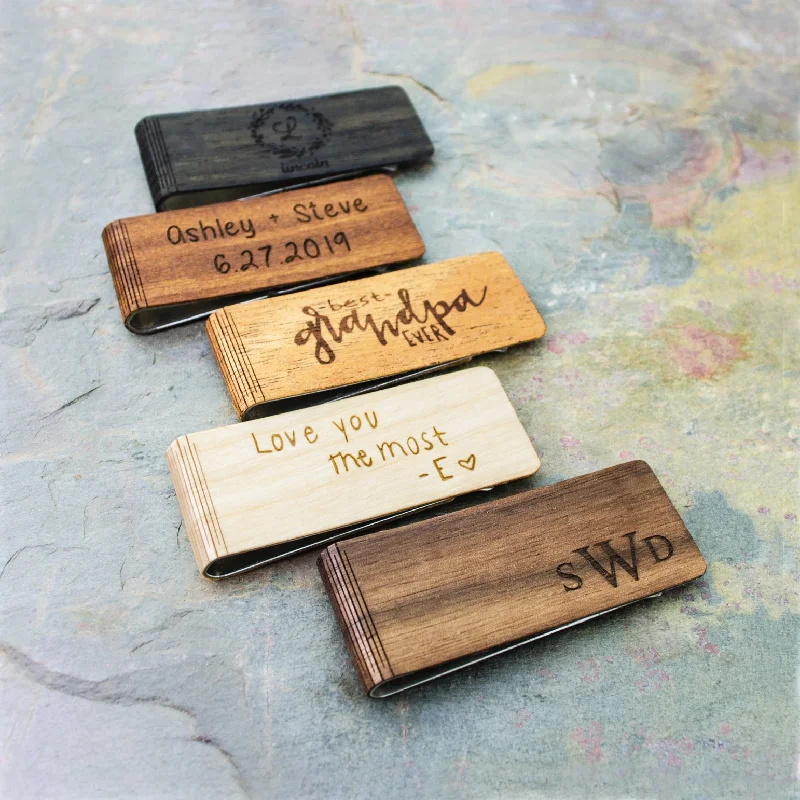 Real Wood Money Clip with Custom Engraving or Handwriting