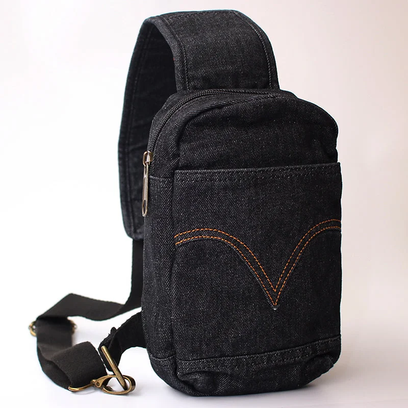 Black Denim Mens Cool Sling Bag Chest Bag Vintage Denim Sling Bag For Men