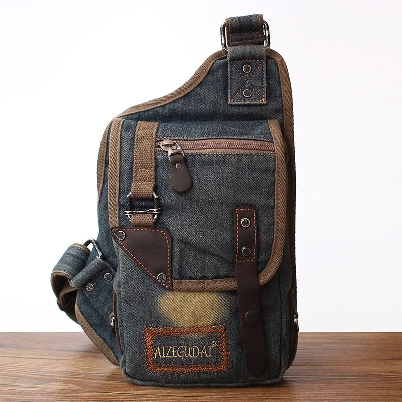 Blue Denim Mens Biker Sling Pack Chest Bag Vintage Denim Sling Bag For Men