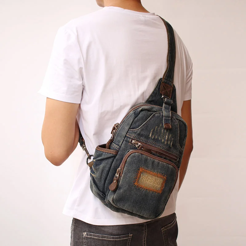 Blue Denim Mens Sling Bag Cool Chest Bag Vintage Blue Denim Sling Bag For Men