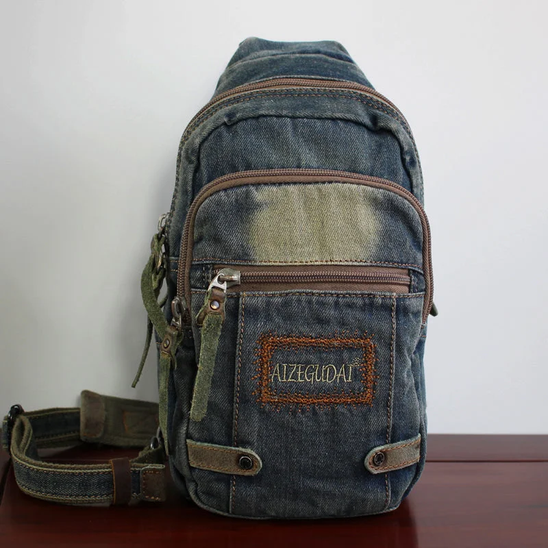 Blue Denim Mens Sling Bag Cool Chest Bag Vintage Denim Sling Bag For Men