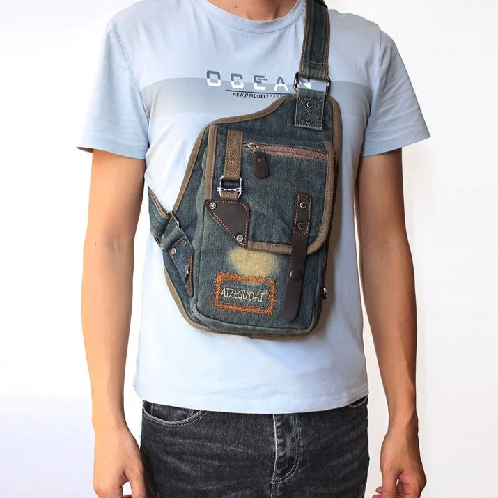 Denim Mens Sling Bag Sling Packs Chest Bag Vintage Blue Denim Sling Bag For Men