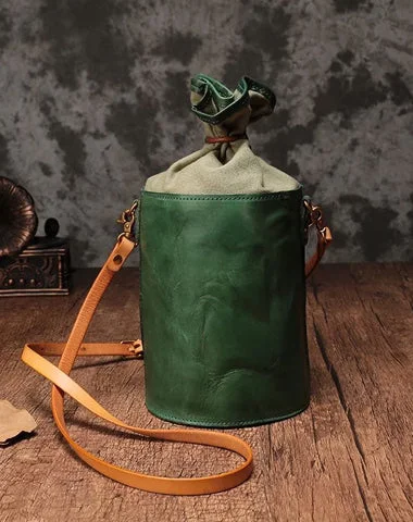 Green WOmens Leather Shoulder Bag Bucket Bag Small Brown Crossbody Barrel Bag Bucket Purse for ladies