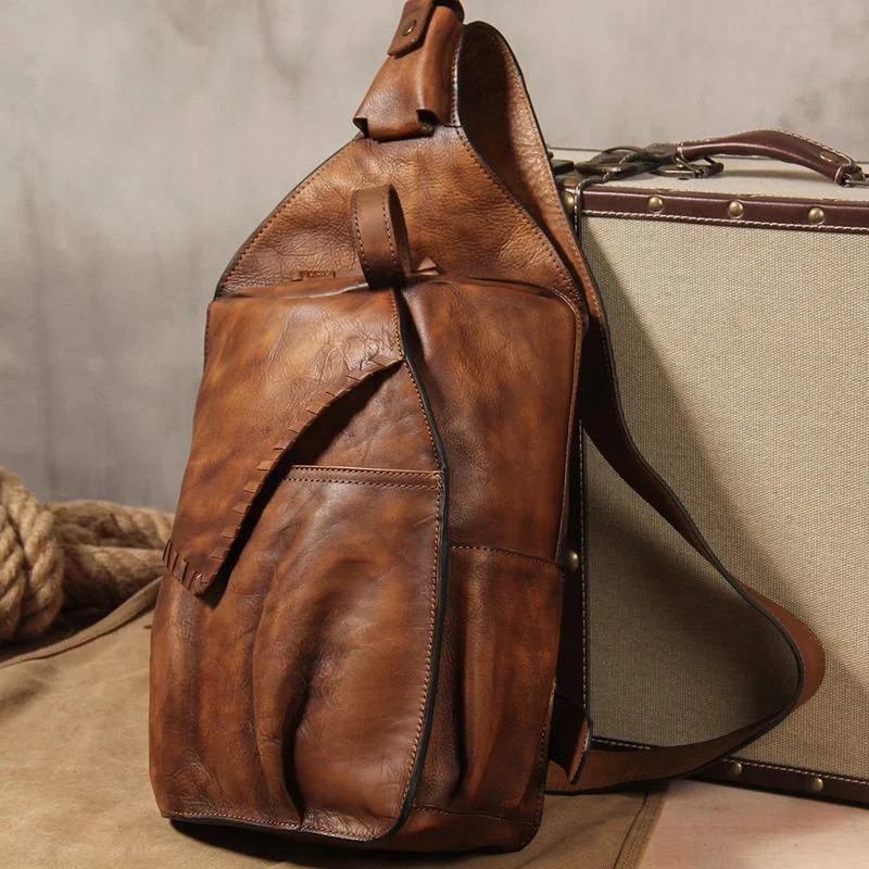 Genuine Leather Vintage Brown Mens Cool Sling Bag Crossbody Bag Chest Bag Travel Bag for men