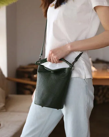 Small Womens Green Leather Bucket Handbag Vintage Brown Barrel Shoulder Bag Purses for Ladies Limited-Stock Bag Clearance – Hurry