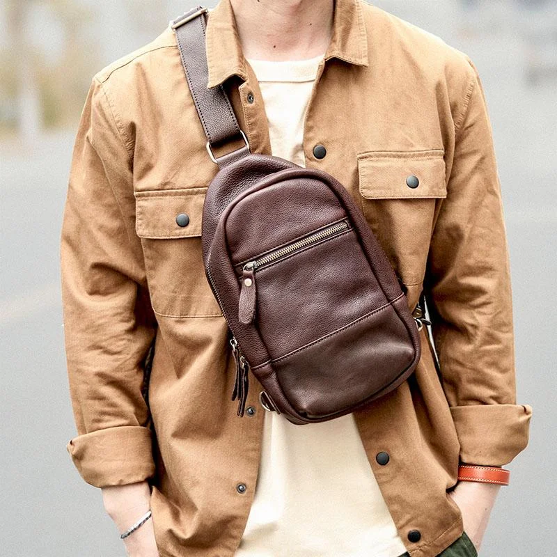 Vintage Dark Brown Leather Mens Chest Bag Red Brown Sling Bag Sling Pack For Men